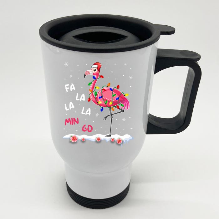 Fa La La Mingo Flamingo Christmas Tree Lights Tropical Xmas Cool Gift Front & Back Stainless Steel Travel Mug