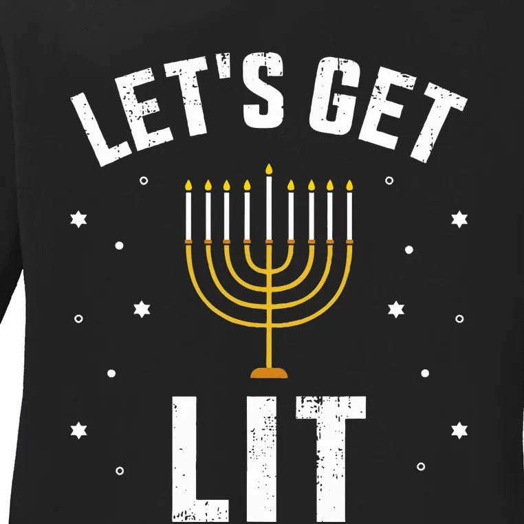 Funny let's lit with menorah for jewish hanukkah Ladies Long Sleeve Shirt