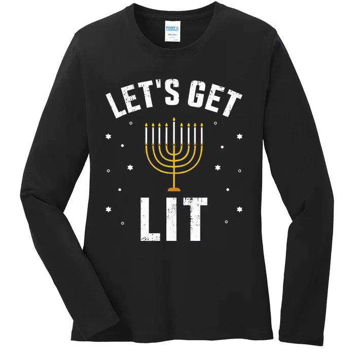 Funny let's lit with menorah for jewish hanukkah Ladies Long Sleeve Shirt