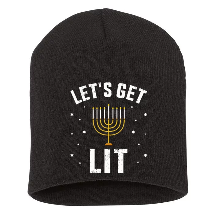 Funny let's lit with menorah for jewish hanukkah Short Acrylic Beanie