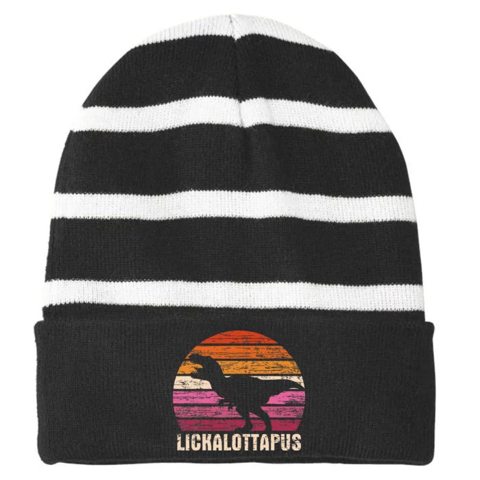 Funny Lesbian Lickalottapus Dinosaurs LGBTQ Pride Flag Retro Striped Beanie with Solid Band