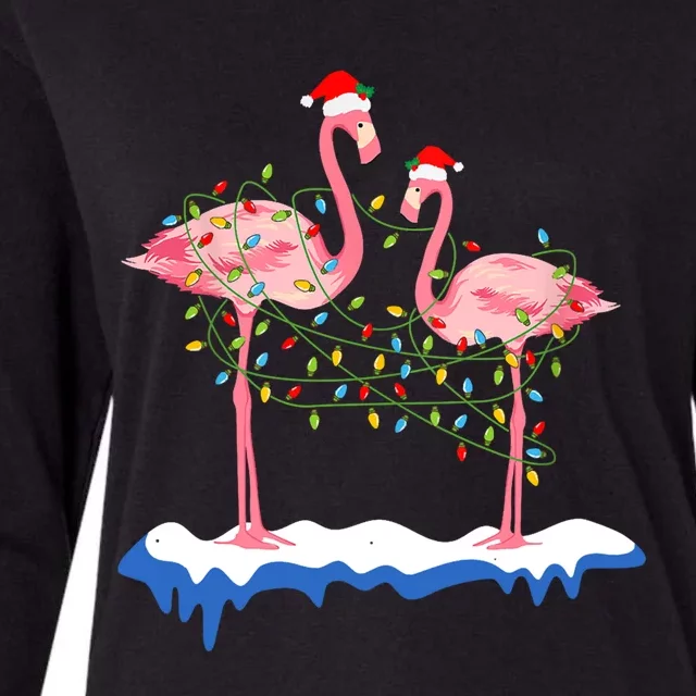 Fa La La Mingo Two Pink Flamingo Christmas Light Santa Hat Gift Womens Cotton Relaxed Long Sleeve T-Shirt