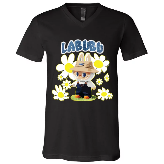 Funny Labubu Lover Cute Labubu Flowers V-Neck T-Shirt