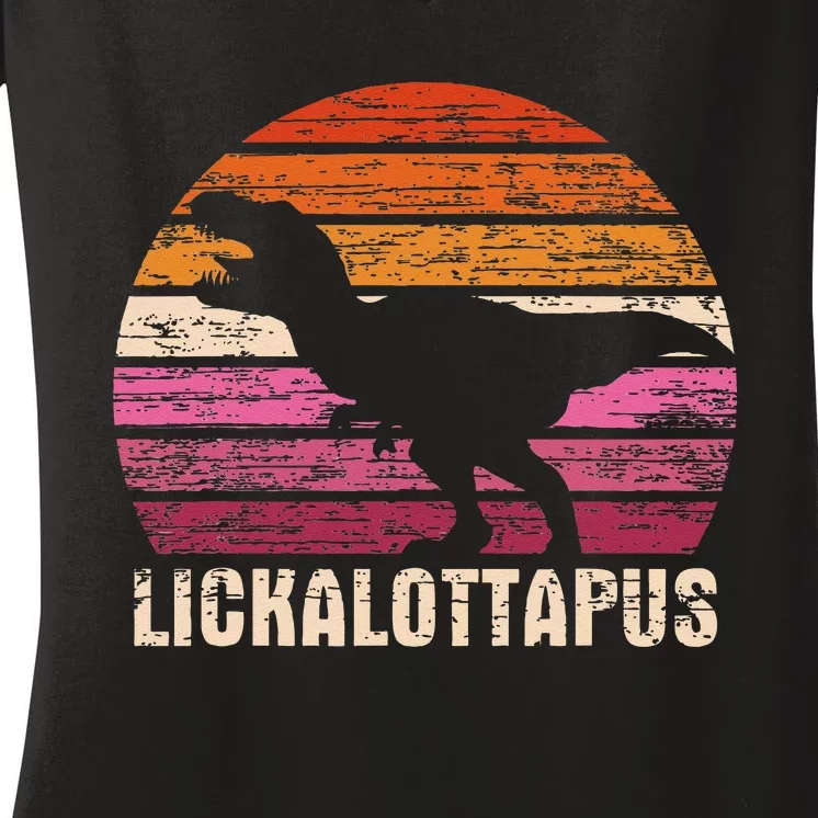 Funny Lesbian Lickalottapus Dinosaurs LGBTQ Pride Flag Retro Women's V-Neck T-Shirt