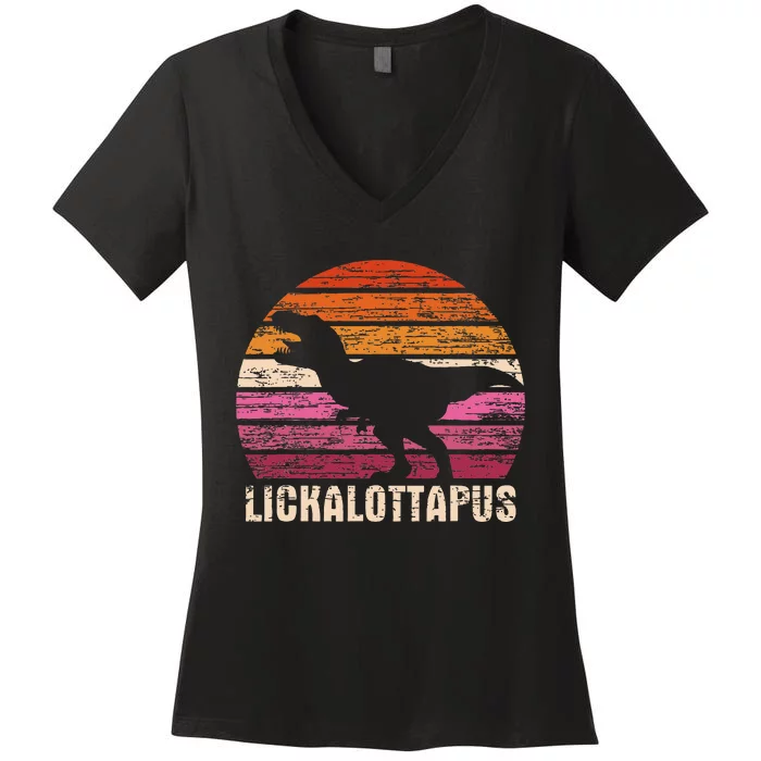 Funny Lesbian Lickalottapus Dinosaurs LGBTQ Pride Flag Retro Women's V-Neck T-Shirt