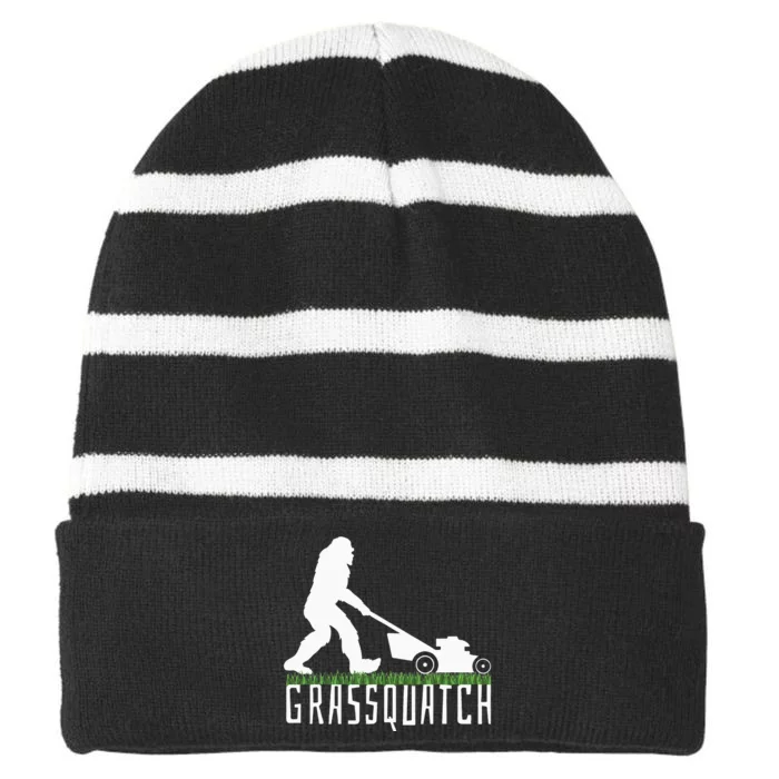 Funny Lawn Mowing Grassquatch Bigfoot Lawn Mower Striped Beanie with Solid Band