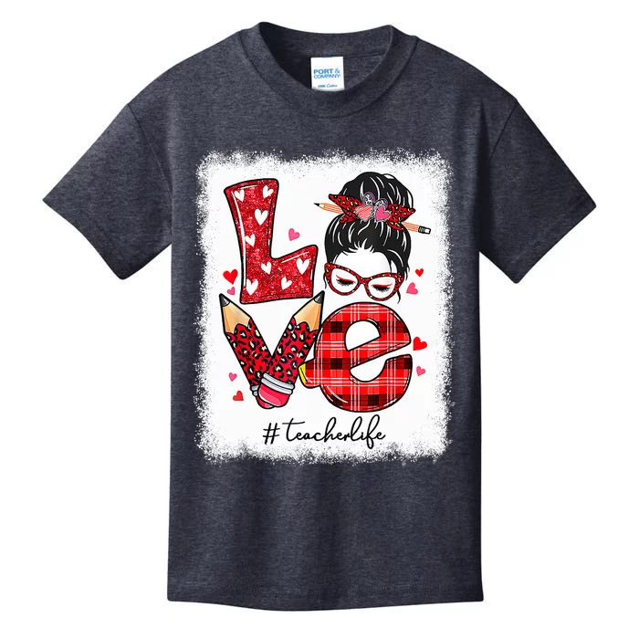 Funny Love Messy Bun Teacher Life Valentines Day Matching Kids T-Shirt