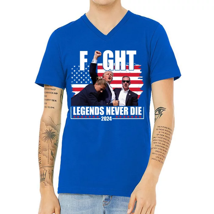 Fight Legends Never Die 2024 Trump Shooting Usa Flag V-Neck T-Shirt