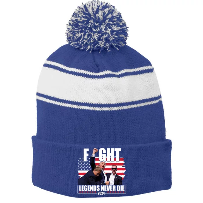 Fight Legends Never Die 2024 Trump Shooting Usa Flag Stripe Pom Pom Beanie