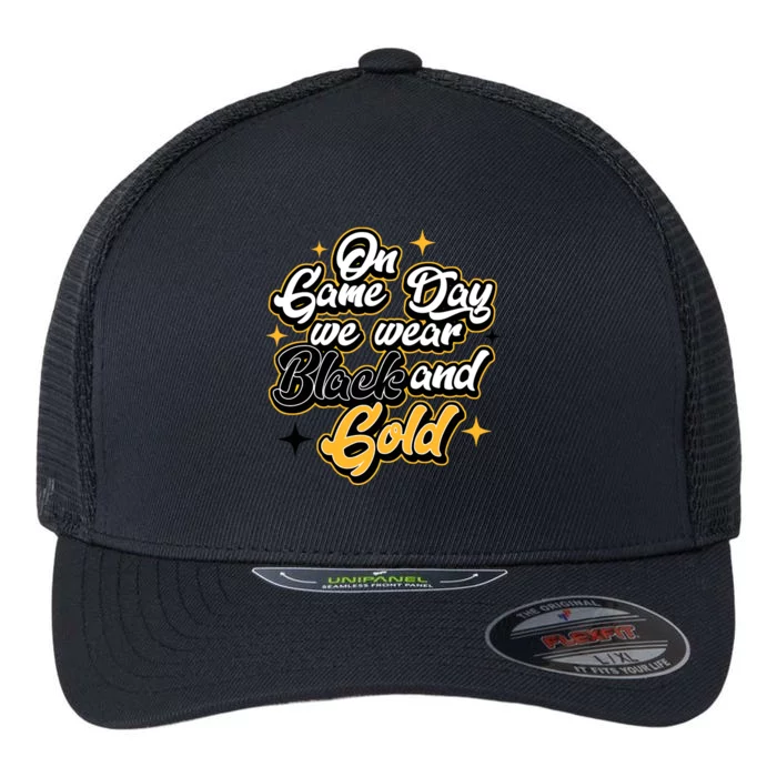 Football Lover On Game Day Football We Wear Black And Gold Flexfit Unipanel Trucker Cap