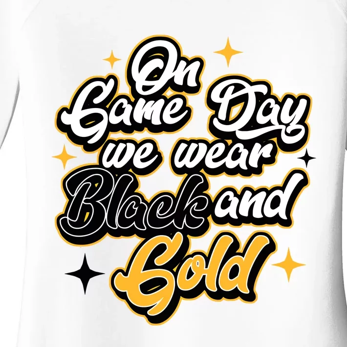 Football Lover On Game Day Football We Wear Black And Gold Women's Perfect Tri Tunic Long Sleeve Shirt