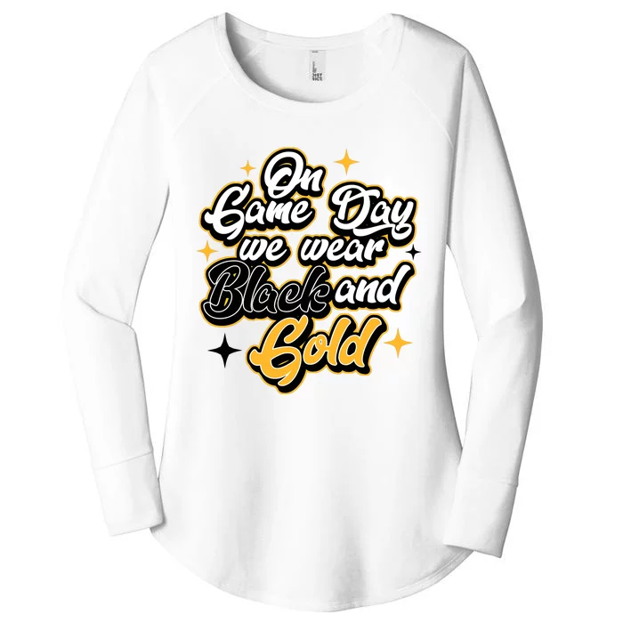 Football Lover On Game Day Football We Wear Black And Gold Women's Perfect Tri Tunic Long Sleeve Shirt