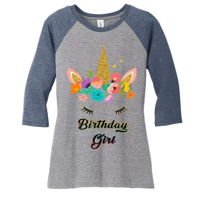 Floral Birthday Girl Unicorn Women's Tri-Blend 3/4-Sleeve Raglan Shirt