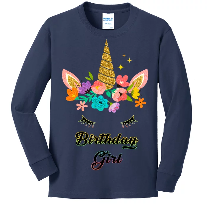 Floral Birthday Girl Unicorn Kids Long Sleeve Shirt