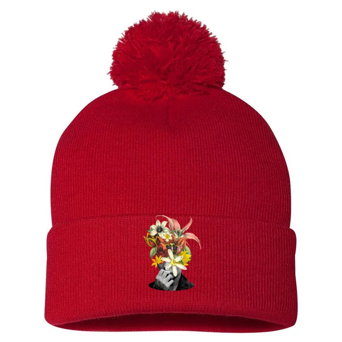 Floral Head Art Pom Pom 12in Knit Beanie