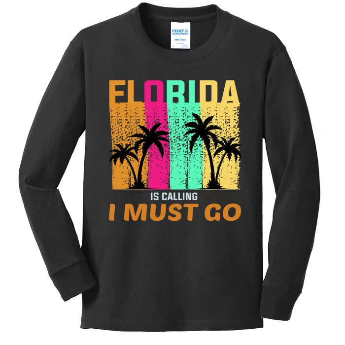 Florida Is Calling I Must Go Vintage Summer Beach Sun Kids Long Sleeve Shirt