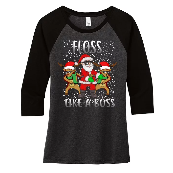 Floss like a Boss Santa Reindeer Women's Tri-Blend 3/4-Sleeve Raglan Shirt