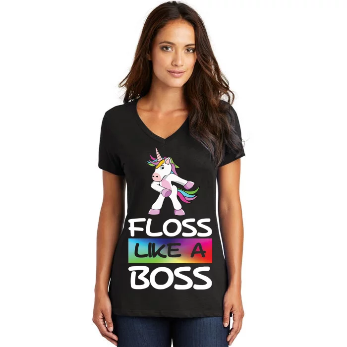 Floss Like a Boss Unicorn Rainbow Women's V-Neck T-Shirt