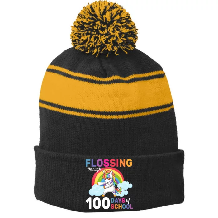 Flossing Unicorn Through 100 days Of School Stripe Pom Pom Beanie