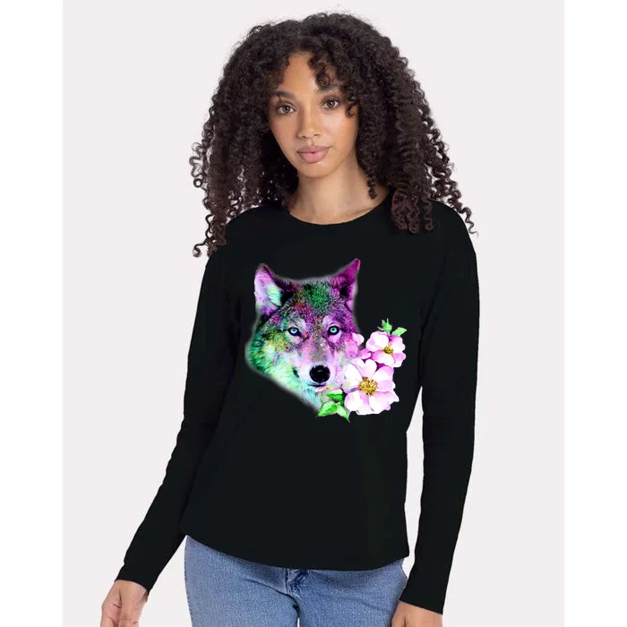 Flower Colorful Wilderness Wolf Womens Cotton Relaxed Long Sleeve T-Shirt