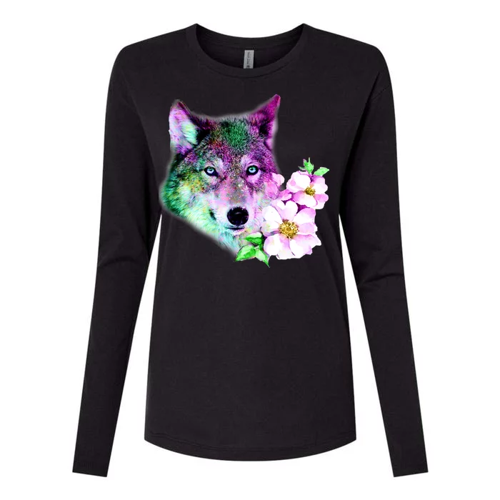 Flower Colorful Wilderness Wolf Womens Cotton Relaxed Long Sleeve T-Shirt