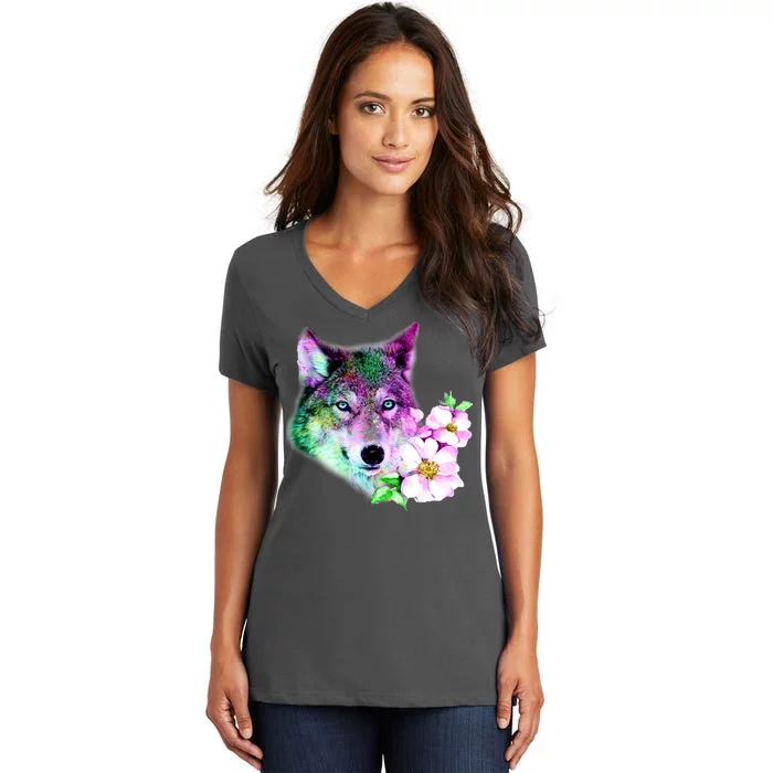 Flower Colorful Wilderness Wolf Women's V-Neck T-Shirt