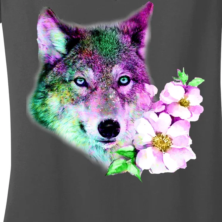 Flower Colorful Wilderness Wolf Women's V-Neck T-Shirt