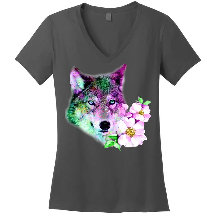 Flower Colorful Wilderness Wolf Women's V-Neck T-Shirt