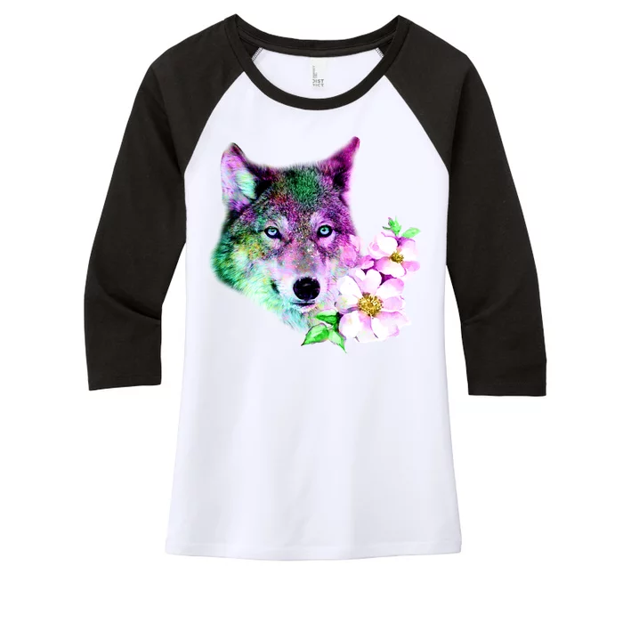 Flower Colorful Wilderness Wolf Women's Tri-Blend 3/4-Sleeve Raglan Shirt