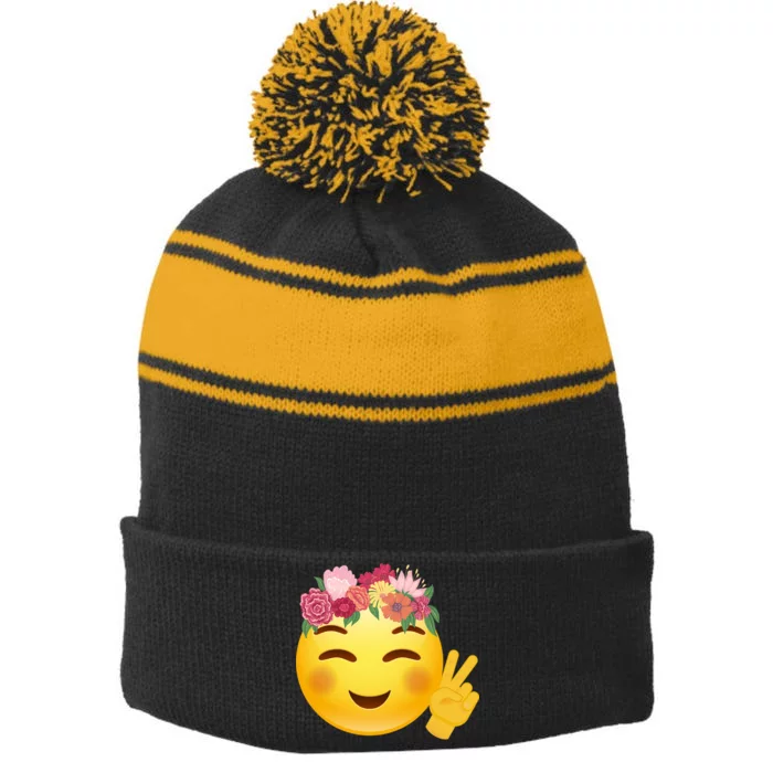 Flower Crown Emoji Stripe Pom Pom Beanie