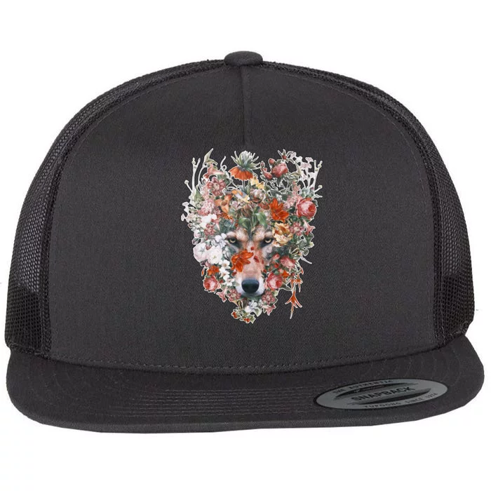 Flower Wolf Wilderness Floral Flat Bill Trucker Hat