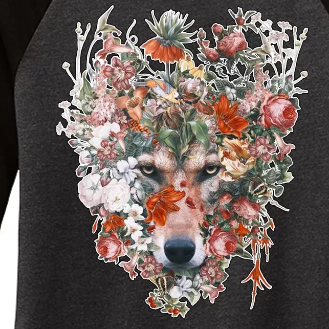 Flower Wolf Wilderness Floral Women's Tri-Blend 3/4-Sleeve Raglan Shirt