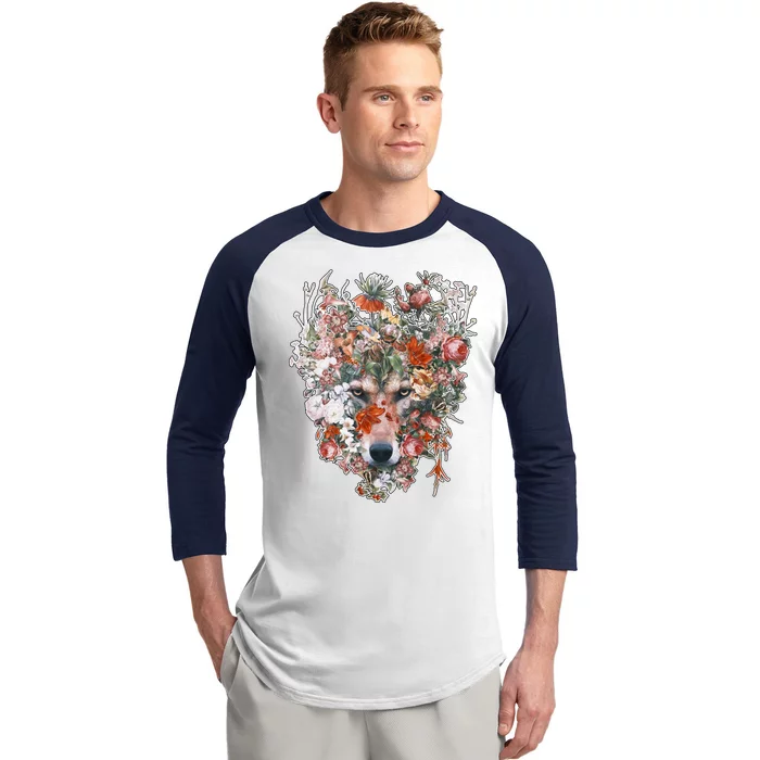 Flower Wolf Wilderness Floral Baseball Sleeve Shirt