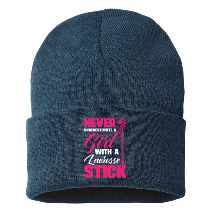 Funny Lacrosse Player With A Lacrosse Stick Sustainable Knit Beanie