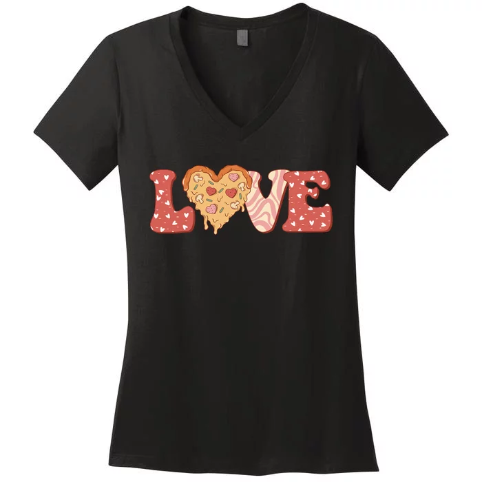 Funny Love Pizza Retro Valentine's Day Gift Women's V-Neck T-Shirt