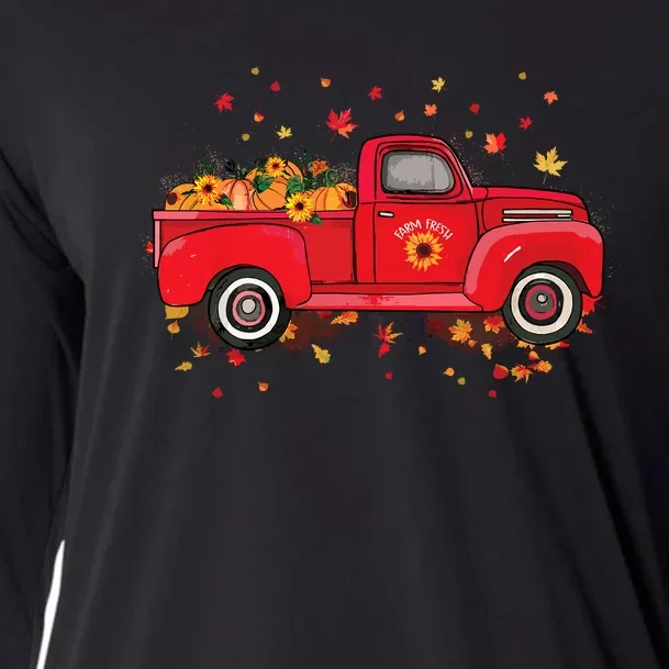 Fall Leaves Red Truck Pumpkins Sunflower Autumn Thanksgiving Cooling Performance Long Sleeve Crew