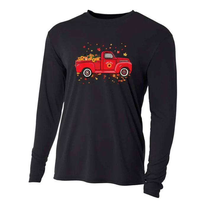 Fall Leaves Red Truck Pumpkins Sunflower Autumn Thanksgiving Cooling Performance Long Sleeve Crew