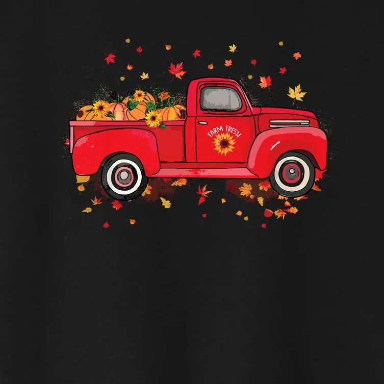 Fall Leaves Red Truck Pumpkins Sunflower Autumn Thanksgiving Women's Crop Top Tee