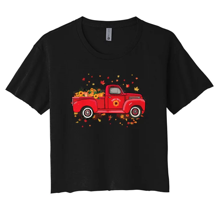 Fall Leaves Red Truck Pumpkins Sunflower Autumn Thanksgiving Women's Crop Top Tee