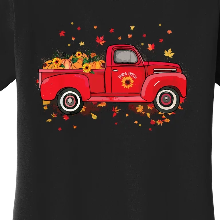 Fall Leaves Red Truck Pumpkins Sunflower Autumn Thanksgiving Women's T-Shirt