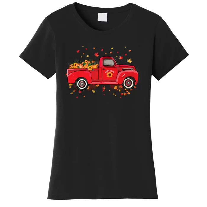 Fall Leaves Red Truck Pumpkins Sunflower Autumn Thanksgiving Women's T-Shirt