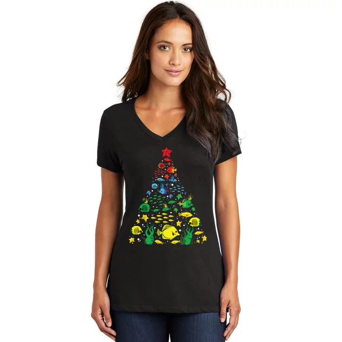 Fish Lovers Sea Beach Aquatic Christmas Tree Xmas Decor Women's V-Neck T-Shirt