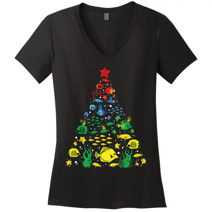 Fish Lovers Sea Beach Aquatic Christmas Tree Xmas Decor Women's V-Neck T-Shirt