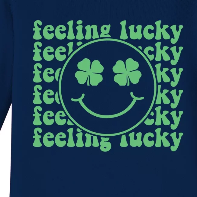 Feeling Lucky Smiling Face Lucky Shamrock St Patrick's Day Funny Gift Baby Long Sleeve Bodysuit