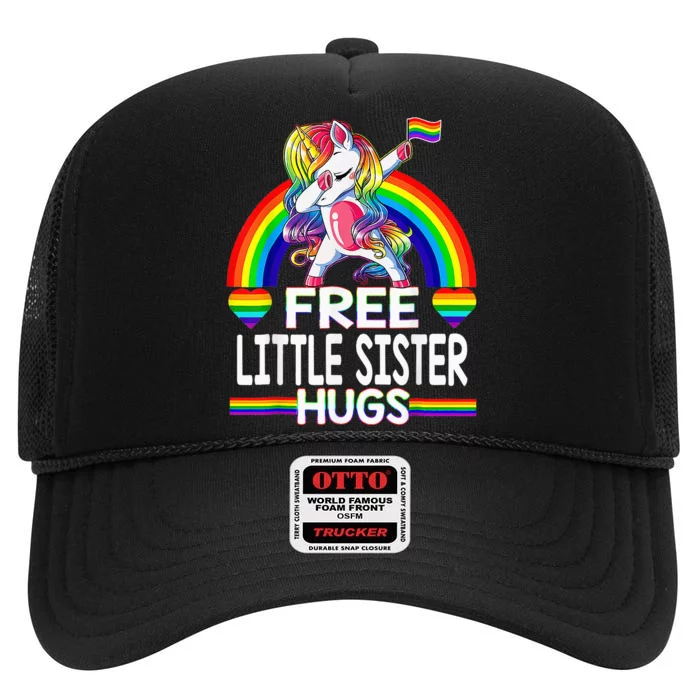 Free Little Sister Hugs Unicorn LGBT Pride Rainbow High Crown Mesh Trucker Hat