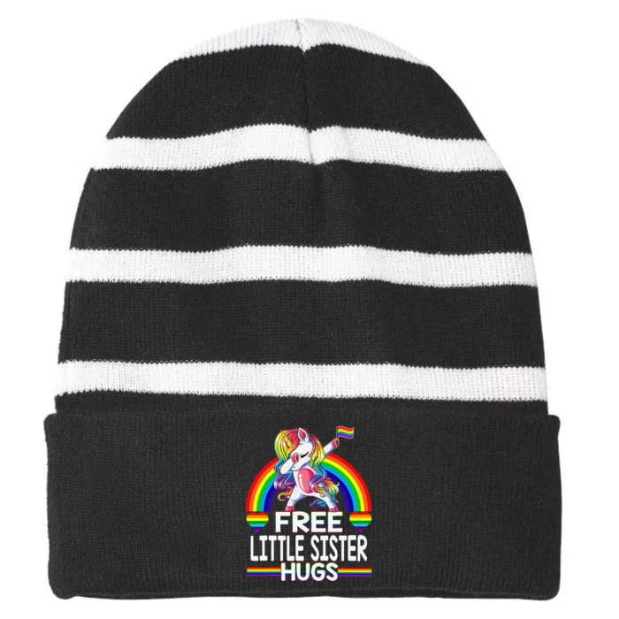 Free Little Sister Hugs Unicorn LGBT Pride Rainbow Striped Beanie with Solid Band