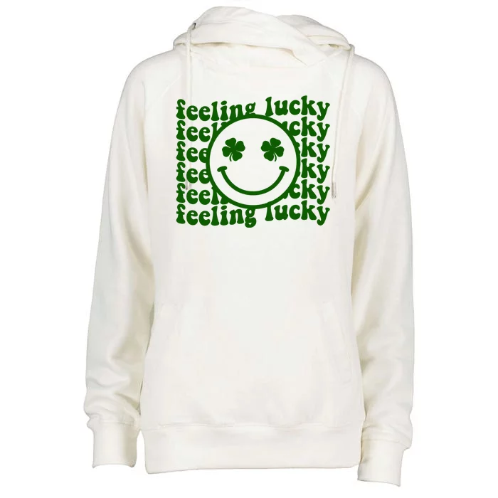 Feeling Lucky Smiley Irish Clover Womens Funnel Neck Pullover Hood