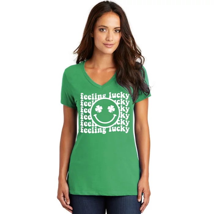 Feeling Lucky Smiley Irish Clover Women's V-Neck T-Shirt