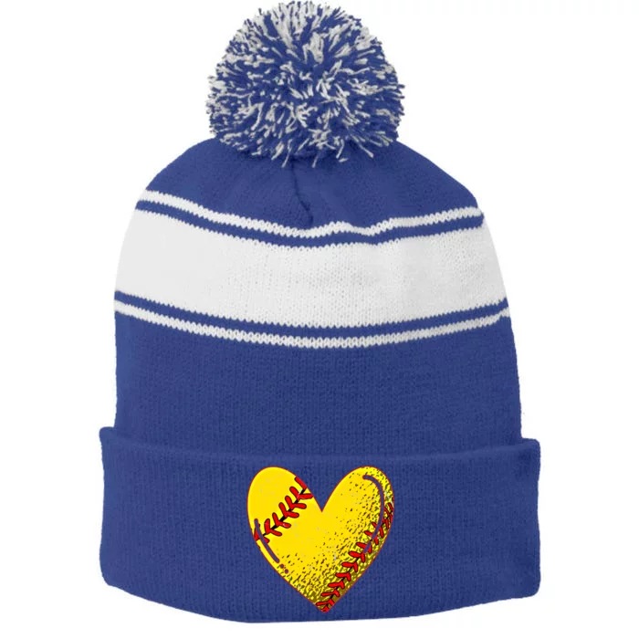 Funny Love Softball Heart Shape Happy Valentine's Day Gift Stripe Pom Pom Beanie