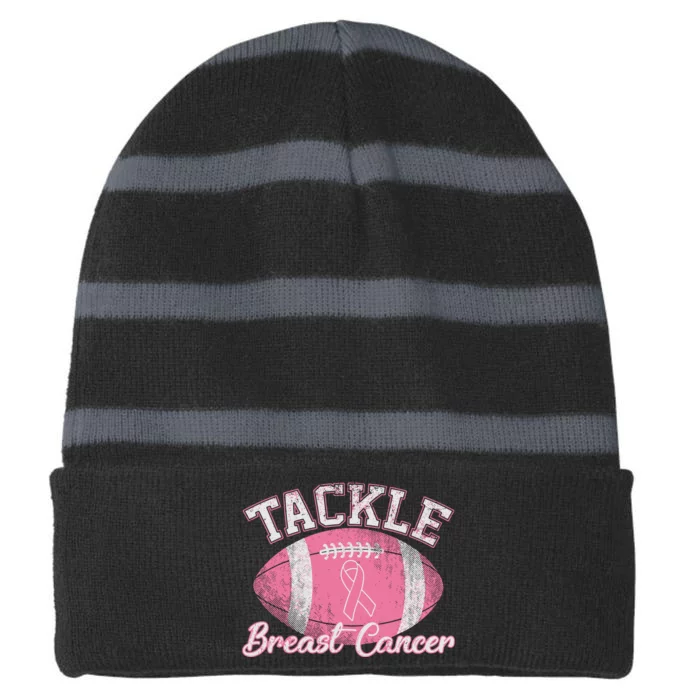 Football Lovers Tackle Breast Cancer Awareness Gift Striped Beanie with Solid Band